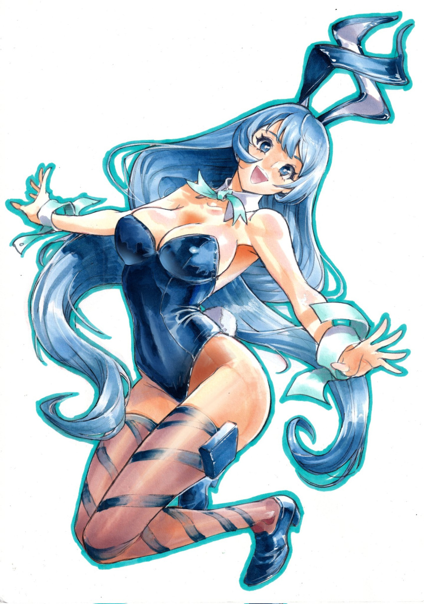 1girl animal_ears blue_eyes blue_hair boku_no_hero_academia bow bowtie breasts cleavage detached_collar fake_animal_ears hadou_nejire highres large_breasts leotard light_blue_hair long_hair looking_at_viewer open_mouth pantyhose playboy_bunny rabbit_ears rodrigo_yoshimiya simple_background smile solo strapless strapless_leotard very_long_hair white_background wrist_cuffs