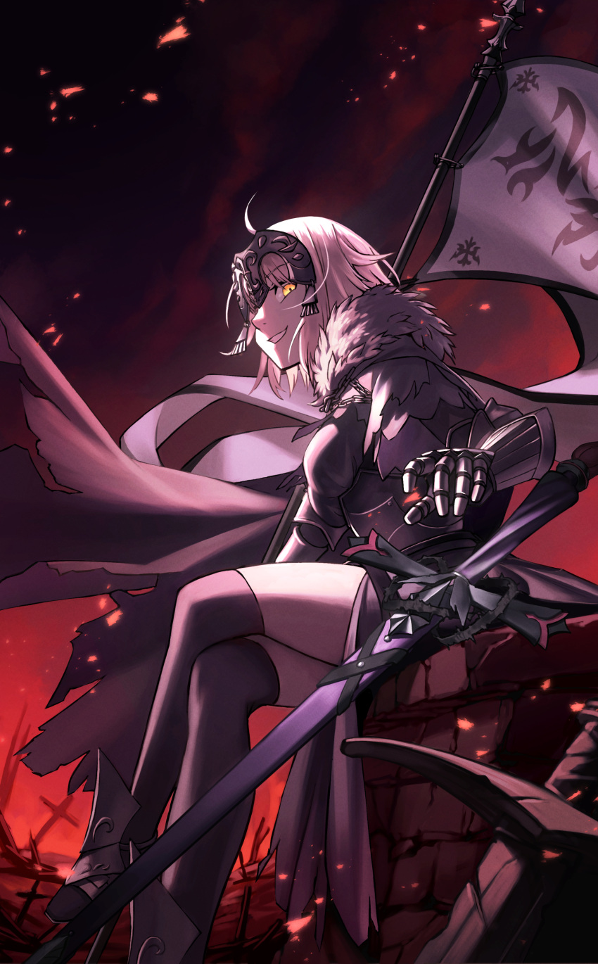 1girl absurdres ahoge armor armored_dress banner black_cape black_dress black_thighhighs breasts cape chain dress fate/grand_order fate_(series) faulds flag fur-trimmed_cape fur_trim gauntlets headpiece highres holding holding_flag jeanne_d'arc_alter_(avenger)_(fate) jeanne_d'arc_alter_(avenger)_(first_ascension)_(fate) jeanne_d'arc_alter_(fate) large_breasts looking_at_viewer minyork plackart reaching short_hair smile solo standard_bearer sword thighhighs torn_cape torn_clothes weapon white_flag white_hair yellow_eyes