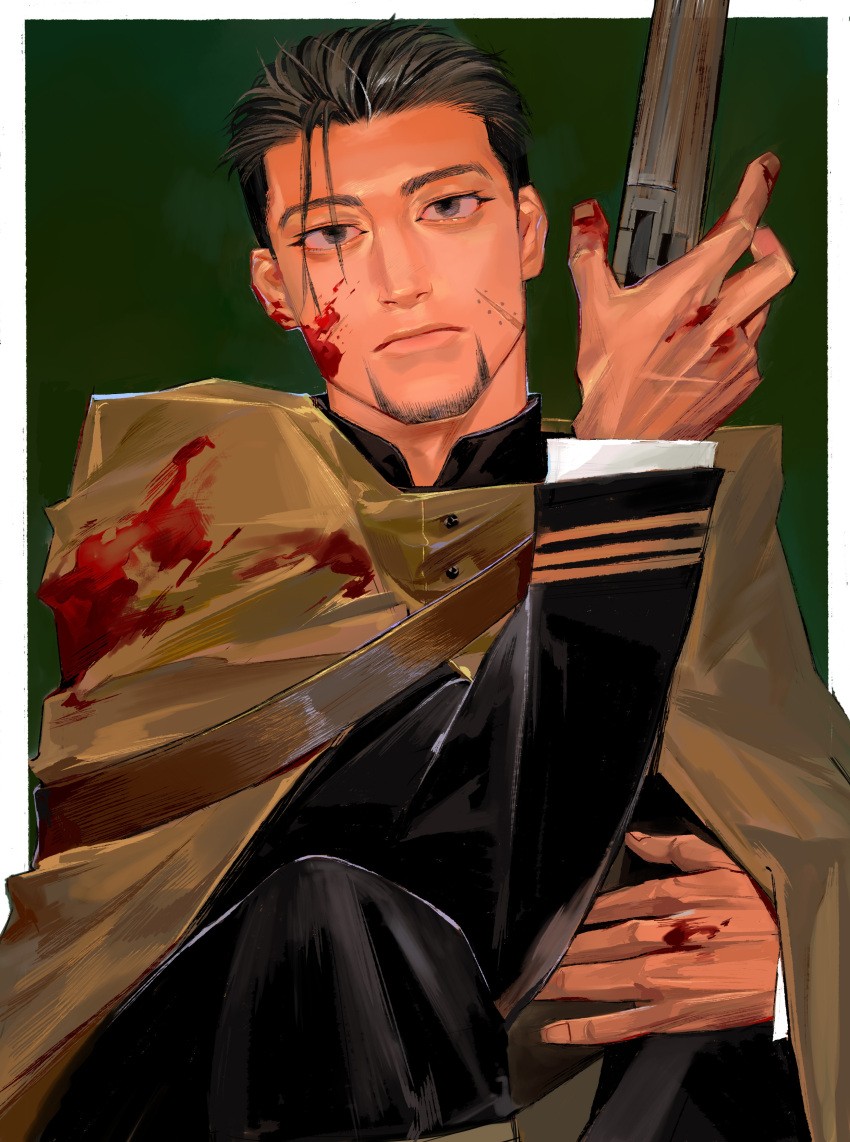 1boy absurdres arisaka black_eyes black_hair blood blood_on_clothes blood_on_face blue_jacket bolt_action cape collared_jacket facial_hair golden_kamuy gun hair_slicked_back highres holding holding_gun holding_weapon hood hooded_cape imperial_japanese_army jacket kajibaji long_sleeves male_focus military military_uniform ogata_hyakunosuke rifle scar scar_on_cheek scar_on_face short_hair simple_background solo stubble undercut uniform upper_body weapon