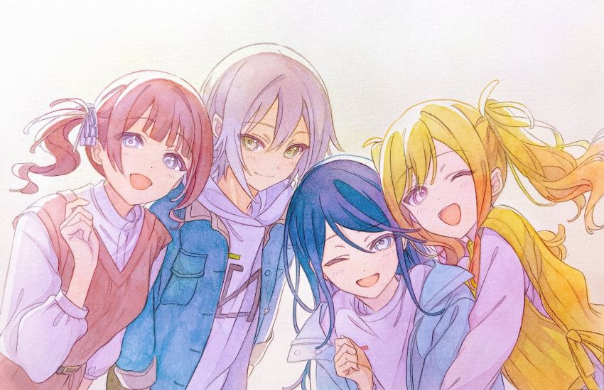 4girls :d belt black_belt blonde_hair blue_eyes blue_hair blue_jacket brown_dress brown_hair closed_mouth collared_shirt dress green_eyes grey_hair hair_between_eyes hair_ribbon highres hinomori_shiho hood hood_down hoodie hoshino_ichika_(project_sekai) jacket leo/need_(project_sekai) long_bangs long_hair looking_at_viewer mochizuki_honami multiple_girls one_eye_closed open_clothes open_jacket open_mouth pato_(ptro) pen_(medium) project_sekai purple_eyes ribbon shirt short_hair side-by-side side_ponytail sidelocks sleeveless sleeveless_dress smile tenma_saki twintails upper_body v-neck white_hoodie white_ribbon white_shirt yellow_jacket