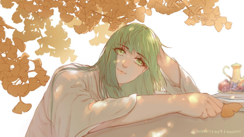 1other androgynous autumn_leaves dated dog2333 enkidu_(fate) fate/grand_order fate_(series) food fruit grapes green_eyes green_hair hand_on_own_head highres holding holding_leaf leaf long_hair parted_lips robe solo teapot white_background white_robe