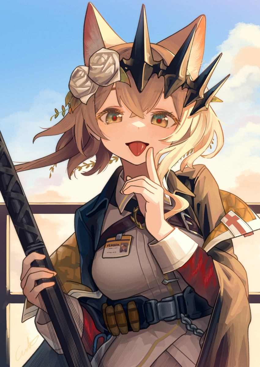 1girl :p absurdres ammunition animal_ear_fluff animal_ears arknights belt black_tiara blonde_hair blue_sky breasts cat_ears cloud collared_shirt commentary_request crossed_bangs finger_to_cheek flower green_eyes hair_flower hair_ornament highres holding holding_staff id_card jacket looking_at_viewer medium_breasts outdoors shirt short_hair sky solo staff tiara tongue tongue_out upper_body vendela_(arknights) welt_(kinsei_koutenkyoku) white_flower white_shirt yellow_jacket