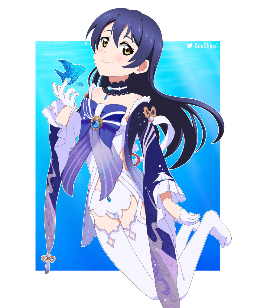 1girl absurdres artist_name bare_shoulders blue_bow blue_hair blue_sleeves bow choker closed_mouth ddeshiro fish frilled_sleeves frills genshin_impact gloves half_gloves highres lace-trimmed_choker lace_trim long_hair long_sleeves love_live! mimori_suzuko sangonomiya_kokomi shorts smile socks solo sonoda_umi thighhighs underwater voice_actor_connection white_gloves white_shorts white_socks wide_sleeves yellow_eyes