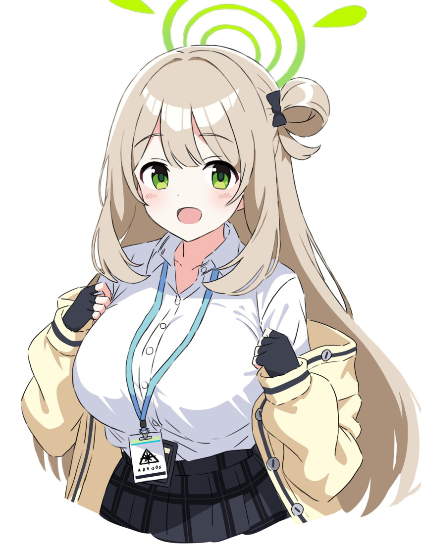 1girl black_bow blue_archive bow breasts collared_shirt dot_nose fingerless_gloves gloves green_eyes green_halo hair_bow hair_bun halo happy highres id_card jacket kousuke0912 lanyard large_breasts light_blush light_brown_hair long_hair looking_at_viewer nonomi_(blue_archive) open_clothes open_jacket open_mouth plaid plaid_skirt pleated_skirt shirt sidelocks simple_background single_hair_bun single_side_bun skirt solo swept_bangs upper_body white_background white_shirt yellow_jacket