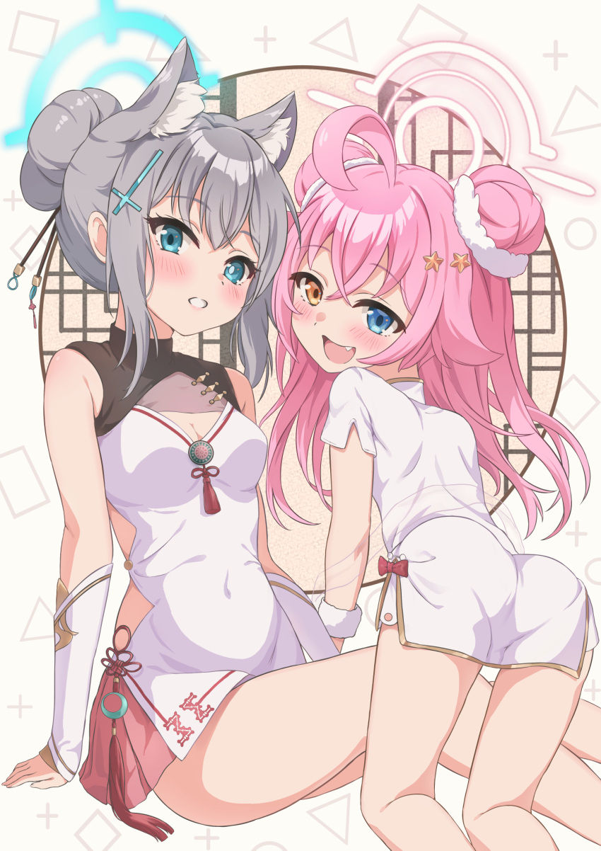 2girls :d all_fours animal_ears ass bare_shoulders bent_over blue_archive blue_eyes blue_halo blush breasts chinese_clothes covered_navel cross_hair_ornament detached_sleeves double_bun dress fang grin hair_between_eyes hair_bun hair_ornament halo heterochromia highres hoshino_(blue_archive) itaba_atsushi kneeling long_hair medium_breasts multiple_girls orange_eyes pink_hair pink_halo shiroko_(blue_archive) single_hair_bun skin_tight smile star_(symbol) star_hair_ornament thighs very_long_hair white_dress white_hair