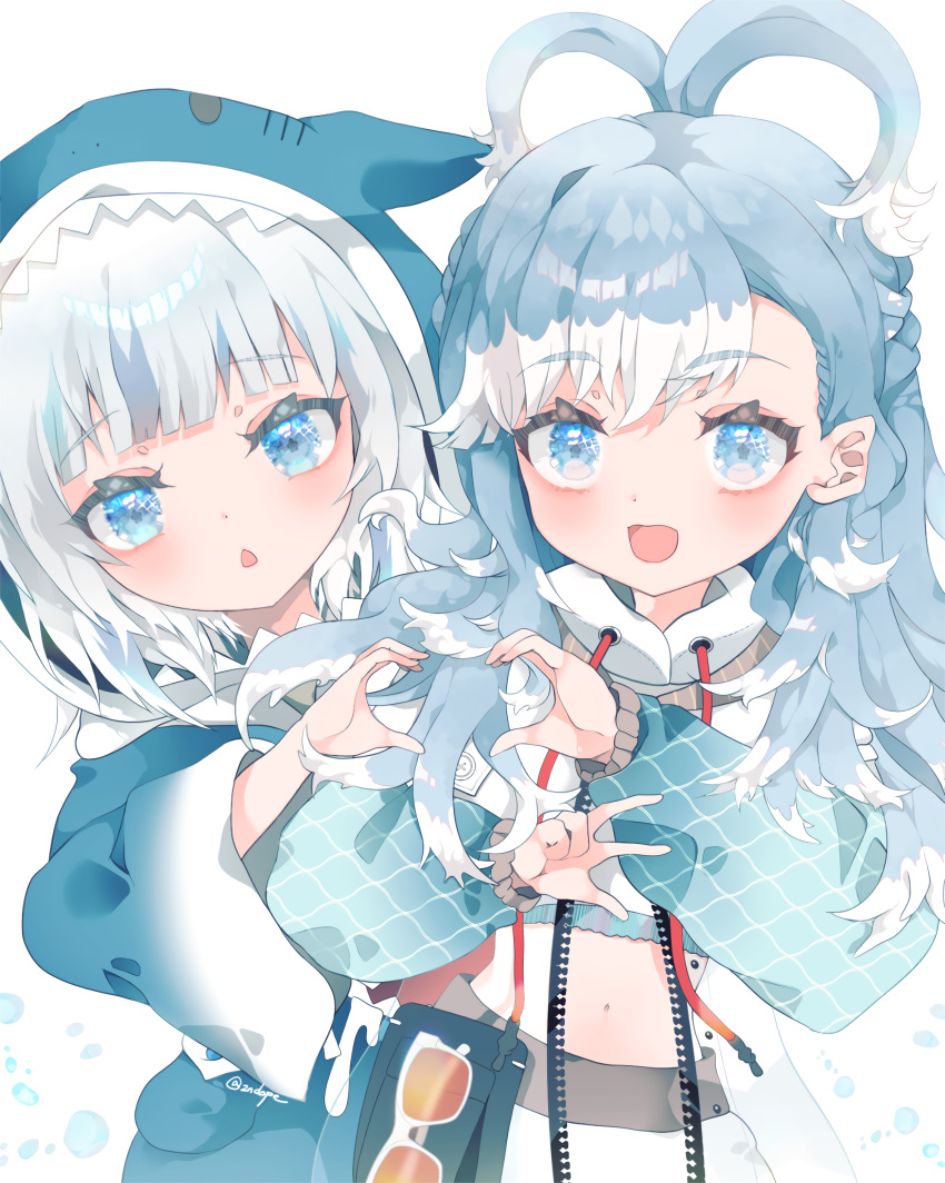 2girls 2ndope absurdres animal_costume animal_hood blue_eyes blue_hair blue_hoodie blunt_bangs blush colored_tips commentary cowboy_shot dot_nose drawstring gawr_gura gawr_gura_(1st_costume) grey_hair heart heart_hands heart_hands_duo high_ponytail highres hololive hololive_english hololive_indonesia hood hood_down hood_up hoodie kobo_kanaeru kobo_kanaeru_(1st_costume) long_hair long_sleeves looking_at_viewer midriff multicolored_hair multiple_girls navel open_mouth shark_costume shark_hood side-by-side simple_background smile split_ponytail standing streaked_hair two-tone_hair virtual_youtuber w wavy_hair white_background white_hair white_hoodie wide_sleeves