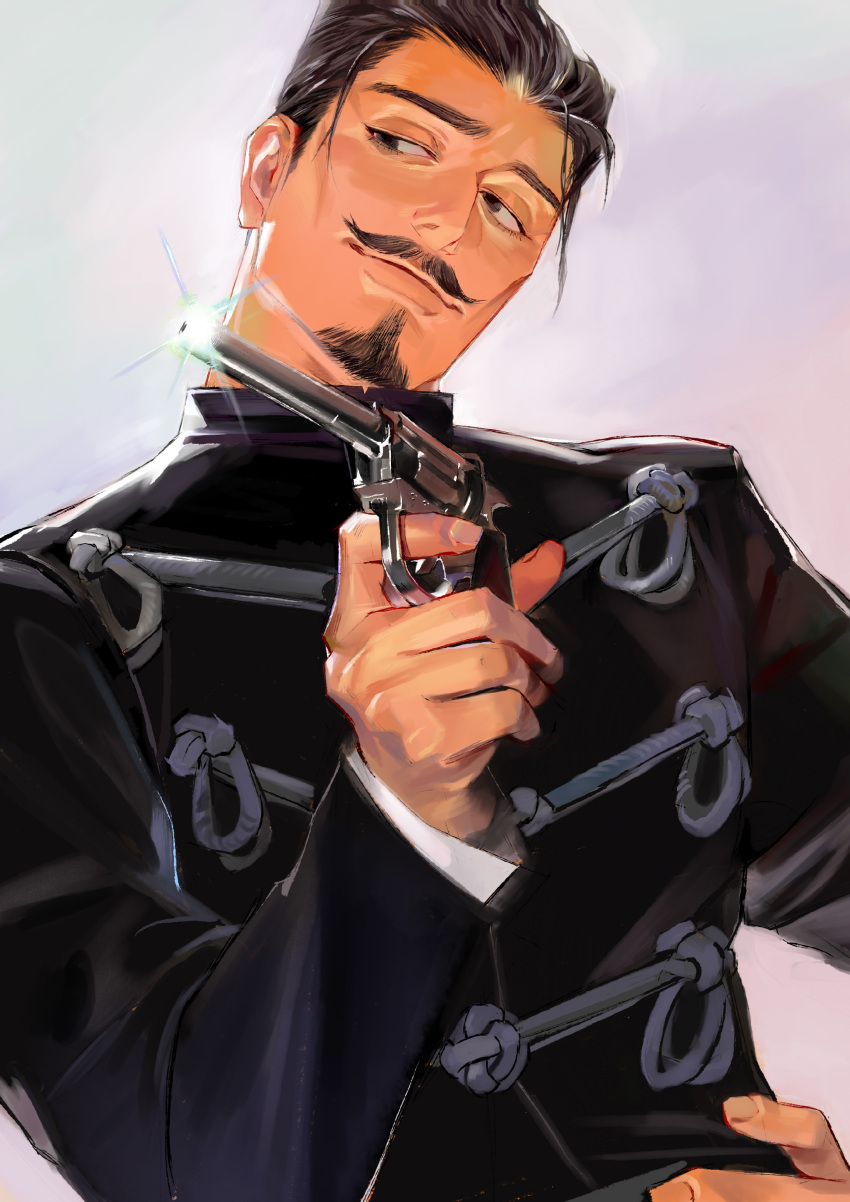 1boy absurdres aged_down black_eyes black_hair buttons collared_jacket commentary_request facial_hair finger_on_trigger goatee golden_kamuy gun handgun highres holding holding_gun holding_weapon jacket kajibaji long_sleeves looking_to_the_side male_focus military military_uniform mustache revolver scar scar_on_face short_hair sideburns simple_background solo tsurumi_tokushirou uniform upper_body weapon