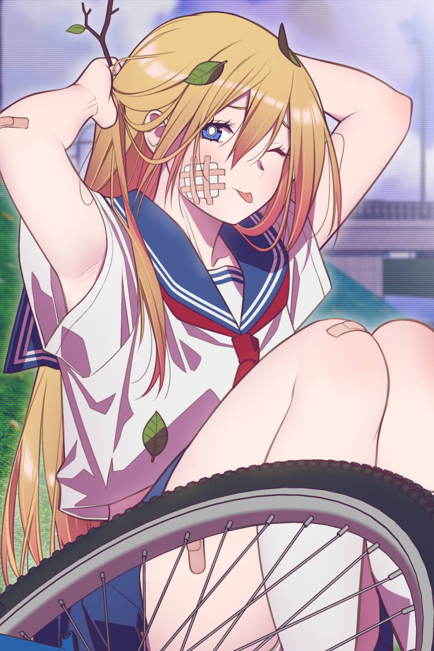 1girl ;p andrian_januar_adilia arm_behind_head armpit_peek bandaid bandaid_on_arm bandaid_on_leg bicycle blonde_hair blue_eyes blue_sailor_collar blue_skirt collarbone commentary english_commentary gauze gauze_on_cheek hair_between_eyes highres leaf leaf_on_head long_hair looking_at_viewer neckerchief one_eye_closed original outdoors pleated_skirt red_neckerchief sailor_collar school_uniform shirt short_sleeves sitting skirt solo tongue tongue_out upper_body white_shirt