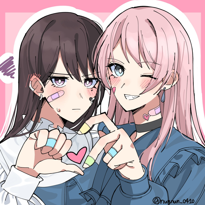 2girls bandaid bandaid_on_face bandaid_on_hand bandaid_on_neck bang_dream! bang_dream!_it's_mygo!!!!! black_choker black_hair blue_jacket blush chihaya_anon choker clenched_teeth closed_mouth commentary earclip earrings fang grey_eyes heart_hands_failure highres jacket jewelry long_hair long_sleeves looking_at_viewer mole mole_under_eye multiple_girls nanami_(nunnun_0410) one_eye_closed outline pink_background pink_hair purple_eyes shiina_taki shirt smile squiggle teeth twitter_username white_outline white_shirt
