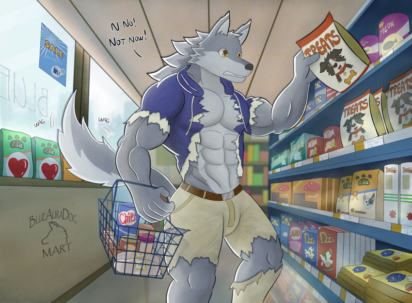 abs after_transformation anthro blueauradog bottomwear canid canine canis clothing fur grey_body grey_fur growth hi_res hoodie male mammal muscle_growth muscular muscular_male mythological_canine mythological_creature mythology pants solo supermarket surprised_expression topwear torn_bottomwear torn_clothing torn_pants transformation were werecanid werecanine werewolf wolf