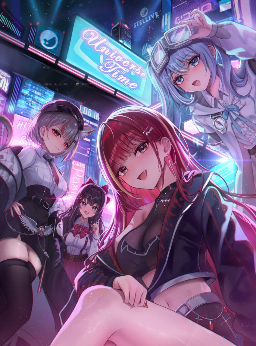 4girls absurdres akane_lize arahashi_tabi bare_shoulders belt black_hair black_hat black_jacket black_shirt black_skirt black_thighhighs blue_eyes blue_hair bow breasts brown_eyes city_lights cityscape cleavage crop_top cropped_jacket ear_piercing earrings extra_ears fang goggles goggles_on_head grey_hair hair_bow hat high-waist_skirt highres jacket jewelry large_breasts long_hair long_sleeves looking_at_viewer midriff mole mole_under_eye multicolored_hair multiple_girls navel neneko_mashiro neon_lights night off_shoulder open_clothes open_jacket open_mouth piercing red_eyes red_hair see-through see-through_cleavage shirayuki_hina shirt short_hair sitting skirt sleeveless sleeveless_shirt smile standing starlip stellive stomach streaked_hair thighhighs thighs twintails virtual_youtuber white_jacket white_shirt zettai_ryouiki