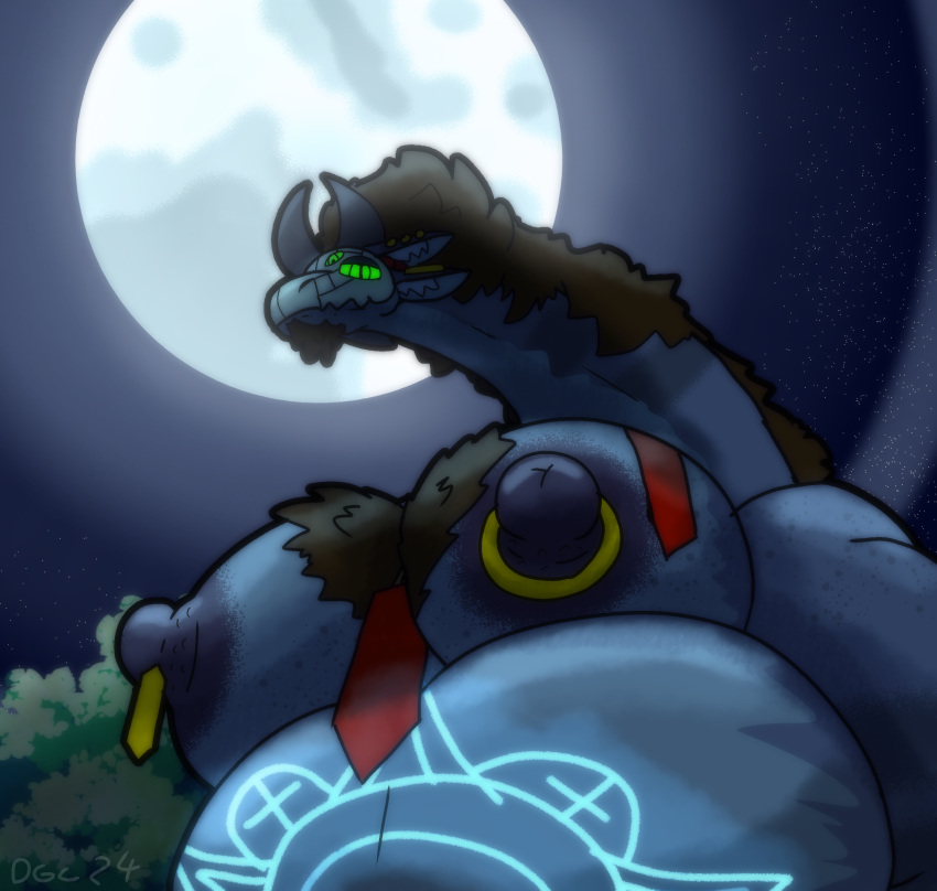 absurd_res alien anthro beard belly big_belly big_nipples big_pecs blue_body body_hair chest_hair deity detailed_background digital_drawing_(artwork) digital_media_(artwork) dominogooper facial_hair glowing glowing_eyes glowing_markings hi_res huge_nipples huge_pecs light looking_at_viewer looking_down looking_down_at_viewer macro male markings moobs moonlight morbidly_obese night nipples obese outside overweight pecs riku_(dominogooper) size_difference sky solo