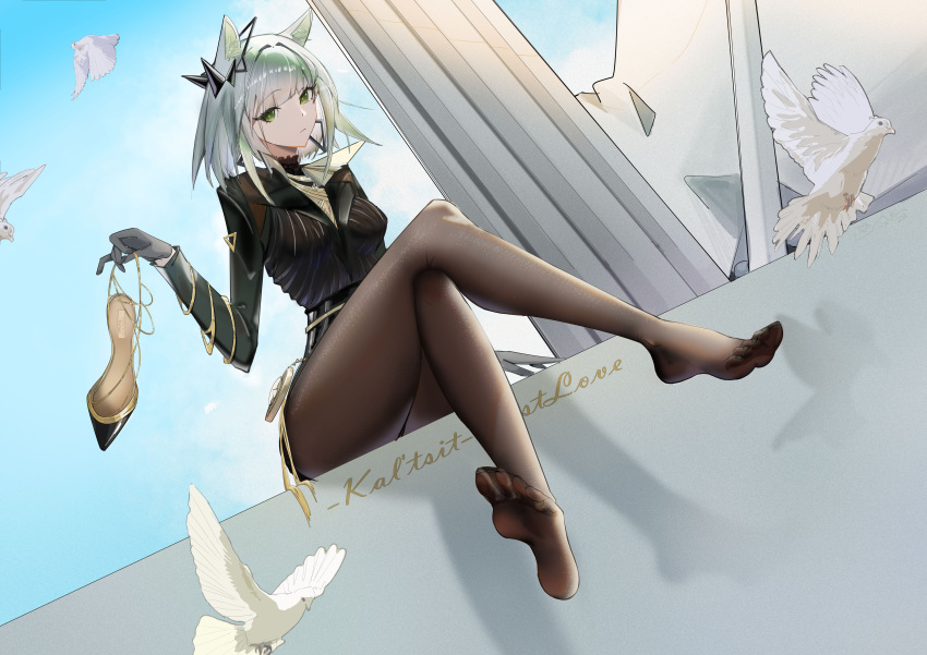 1girl absurdres animal_ears arknights bird black_pantyhose black_shirt black_skirt blue_sky breasts character_name chinese_commentary cloud crossed_legs day dove exianble feet foot_focus green_hair grey_hair high_heels highres holding holding_shoes kal'tsit_(arknights) legs long_sleeves multicolored_hair outdoors pantyhose shadow shirt shoes sitting skirt sky small_breasts soles solo thighs toes two-tone_hair unworn_shoes