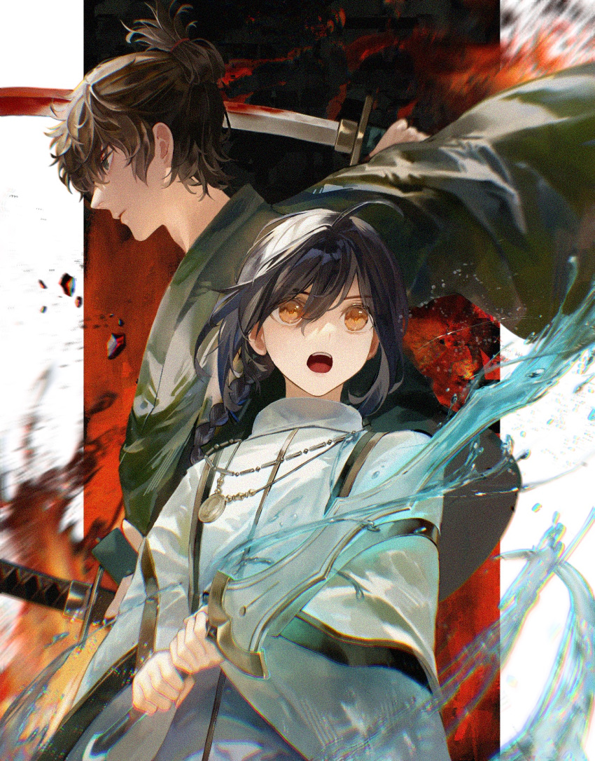 1boy 1other ahoge amulet androgynous black_hair blue_kimono braid braided_ponytail daeraeband fate/samurai_remnant fate_(series) hair_intakes highres holding japanese_clothes jewelry katana kimono long_hair miyamoto_iori_(fate) necklace orange_eyes sidelocks single_braid sword topknot weapon yamato_takeru_(fate)