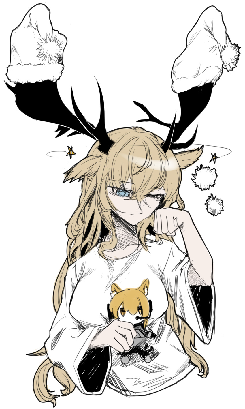 absurdres antlers arknights blonde_hair blue_eyes breasts character_doll deer_antlers deer_girl hat_on_antlers highres horns implied_extra_ears large_breasts long_hair nightshirt sketch viviana_(arknights) waking_up zouse871