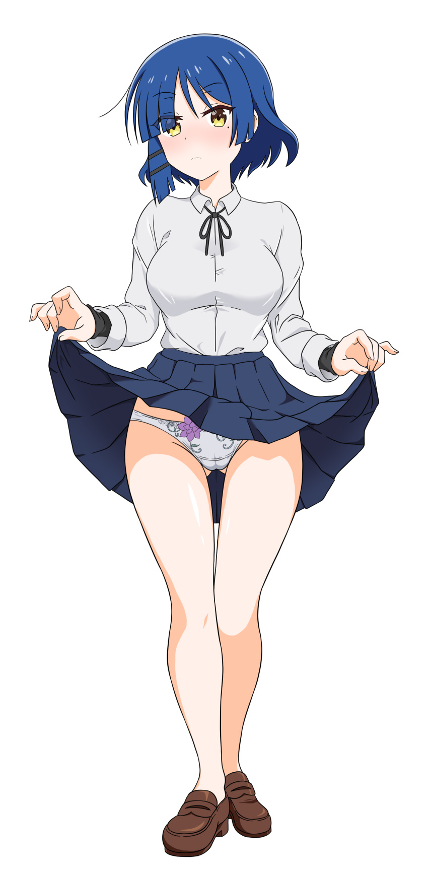 1girl absurdres ass_visible_through_thighs blue_hair blue_skirt blush bocchi_the_rock! breasts brown_footwear closed_mouth clothes_lift collared_shirt eyebrows_hidden_by_hair full_body groin hair_over_eyes highres lifted_by_self looking_at_viewer medium_breasts panties school_uniform shirt short_hair simple_background skirt skirt_lift solo thigh_gap underwear usazirou539 white_background white_panties white_shirt yamada_ryo yellow_eyes