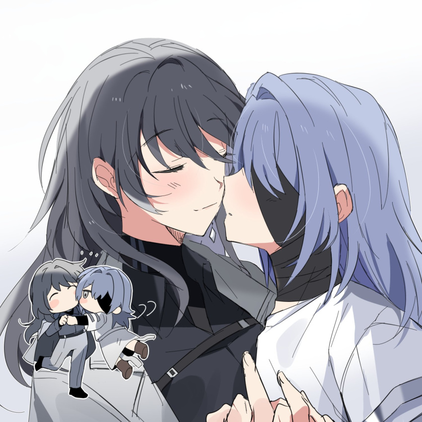 2girls bandaged_neck bandages black_bandages black_hair black_shirt blue_hair blush chief_(path_to_nowhere) closed_eyes closed_mouth coat coat_on_shoulders collared_shirt commentary_request eyepatch female_chief_(path_to_nowhere) grey_coat grey_pants hecate_(path_to_nowhere) highres imminent_kiss korean_commentary long_hair multiple_girls pants parted_lips path_to_nowhere sappazell shirt smile white_shirt yuri