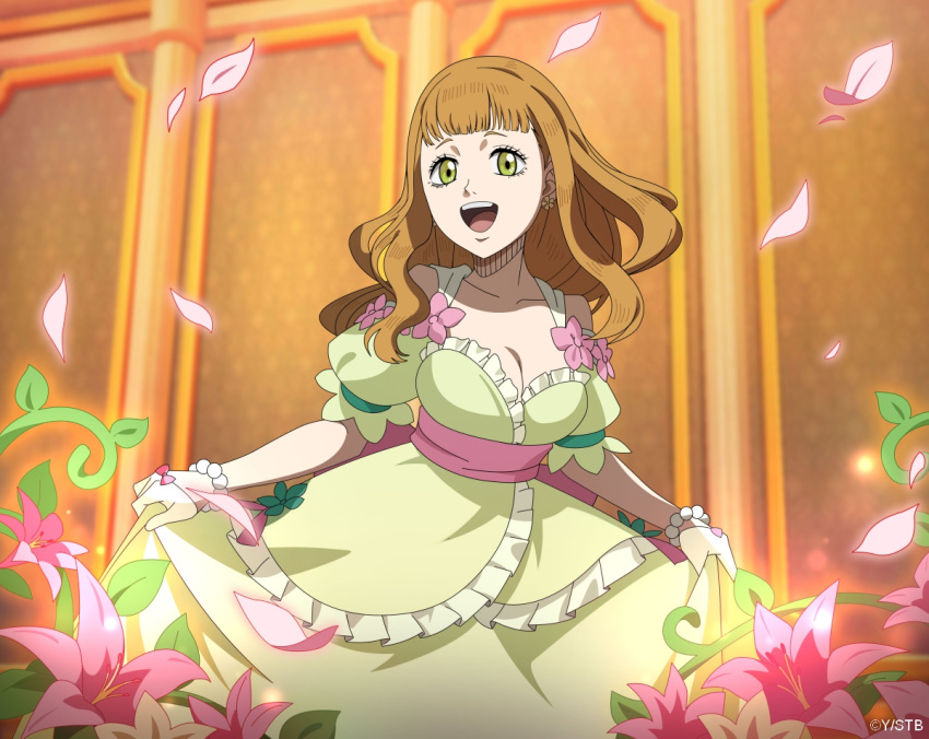 1girl bare_shoulders black_clover black_clover_m:_rise_of_the_wizard_king bracelet breasts cleavage dress earrings frilled_dress frills gloves green_dress green_eyes green_gloves jewelry mimosa_vermillion official_alternate_costume official_art open_mouth orange_hair pearl_bracelet pink_petals solo
