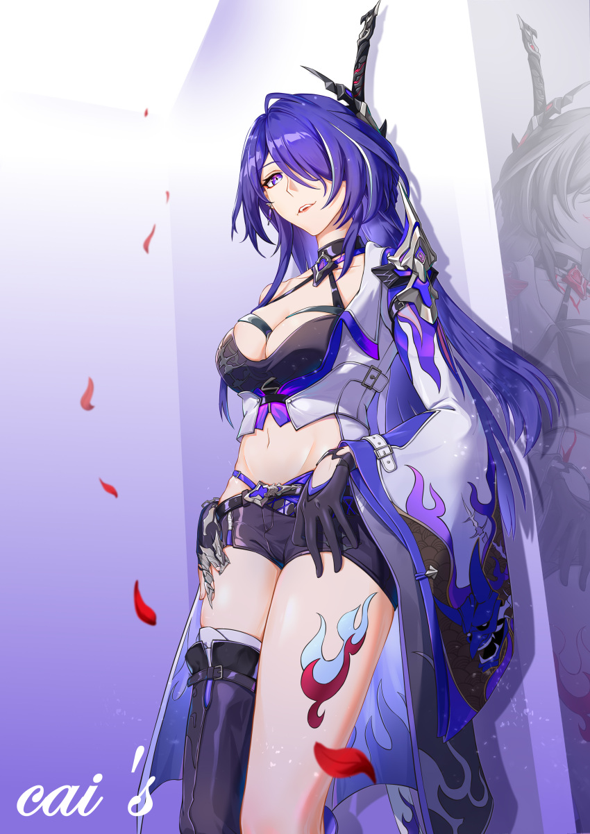 1girl absurdres acheron_(honkai:_star_rail) ahoge anjn4723 armor asymmetrical_legwear bandaged_leg bandages belt black_belt black_choker black_gloves black_shorts body_markings boots breasts choker cleavage coat coattails cowboy_shot criss-cross_halter different_reflection earrings gloves hair_ornament halterneck hands_on_own_hips highres honkai:_star_rail honkai_(series) jewelry katana large_breasts leg_tattoo long_hair looking_at_viewer markings midriff multicolored_hair navel official_alternate_color parted_lips purple_eyes purple_hair reflection shorts shoulder_armor signature single_bare_shoulder single_thigh_boot skindentation solo streaked_hair sword tattoo thigh_boots thighs very_long_hair weapon white_coat white_hair