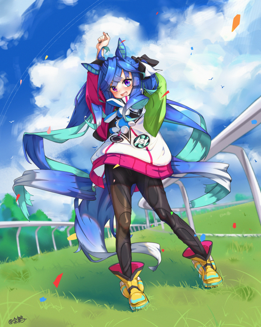 1girl absurdres ahoge animal_ears aqua_hair arms_up black_bodysuit black_nails blue_eyes blue_hair blue_sky bodysuit bodysuit_under_clothes boots bow cloud cloudy_sky commentary_request confetti contrail crossed_bangs full_body grass hair_bow heterochromia highres hood hoodie horse_ears horse_girl horse_racing_track horse_tail long_sleeves looking_at_viewer multicolored_clothes multicolored_hair multicolored_hoodie nail_polish open_mouth outdoors paid_reward_available partial_commentary purple_eyes railing sharp_teeth sidelocks signature simple_bird sky solo standing stuffed_animal stuffed_rabbit stuffed_toy tail teeth twin_turbo_(umamusume) twintails two-tone_hair umamusume upper_teeth_only yellow_footwear yu_su_(moziki)