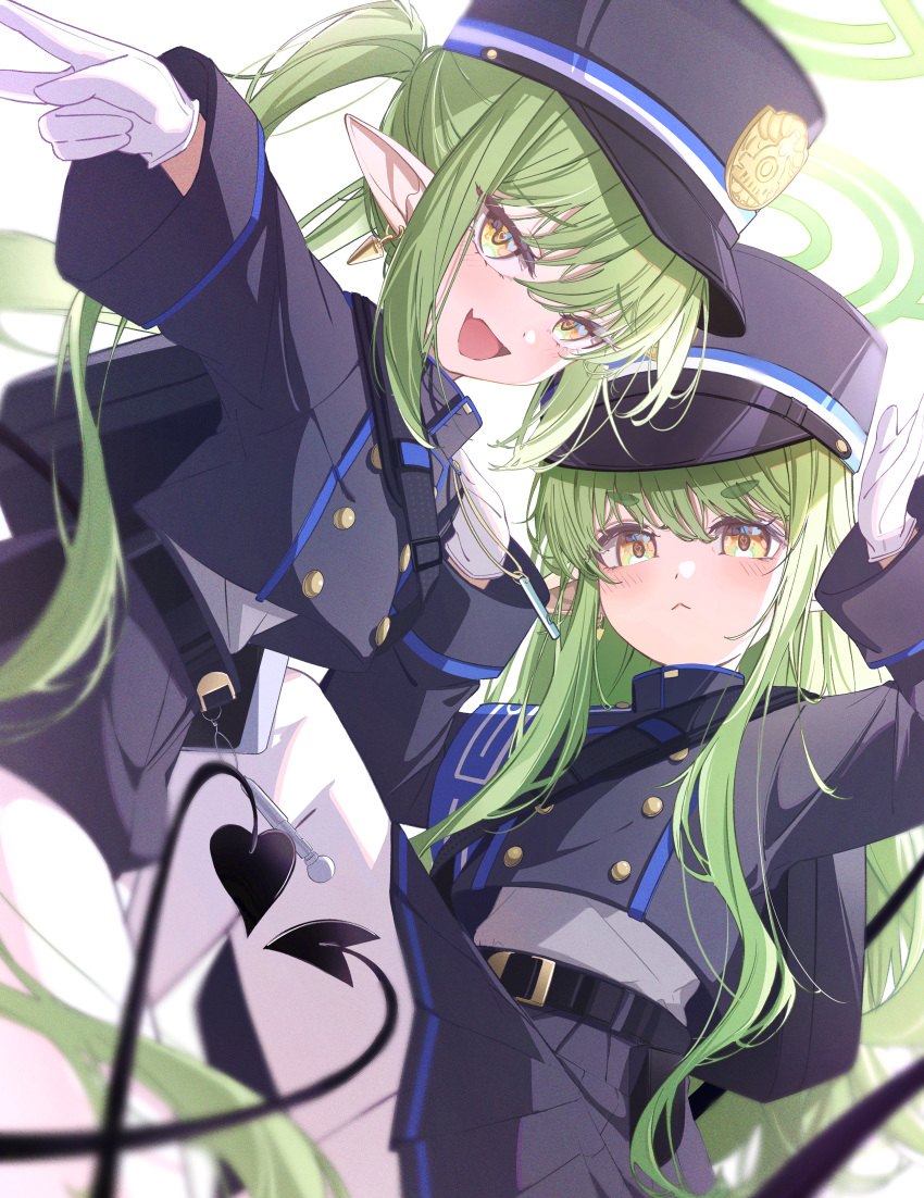 absurdres belt_buckle black_hat black_jacket black_shorts black_skirt blue_archive blush buckle buttons commentary_request cropped_jacket demon_tail double-breasted fang gloves green_hair halo hat highres hikari_(blue_archive) jacket long_hair looking_at_viewer nozomi_(blue_archive) oyaji_hime pantyhose peaked_cap pleated_skirt pointy_ears shirt shorts siblings sidelocks simple_background sisters skin_fang skirt smile tail twins twintails very_long_hair white_background white_gloves white_pantyhose white_shirt