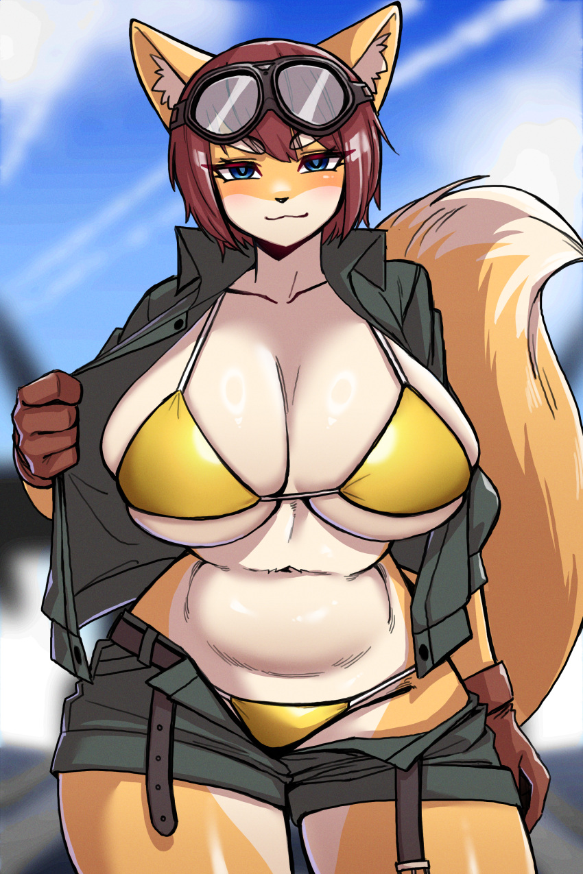 absurd_res anthro big_breasts bikini bikini_bottom bikini_top blue_eyes blue_sky blush bottomwear bra breasts brown_hair canid canine cleavage clothed clothing curvy_figure eyebrow_through_hair eyebrows eyewear eyewear_on_head female fox gloves goggles goggles_on_head gold_bikini hair hana_(keep0621) handwear hi_res huge_breasts inner_ear_fluff jacket kemono looking_at_viewer mammal military_jacket multicolored_body pilot_jacket se7ena shorts sky slightly_chubby solo standing swimwear tail thick_eyebrows thick_thighs topwear translucent translucent_hair tuft two_tone_body underwear voluptuous white_body wide_hips yellow_body