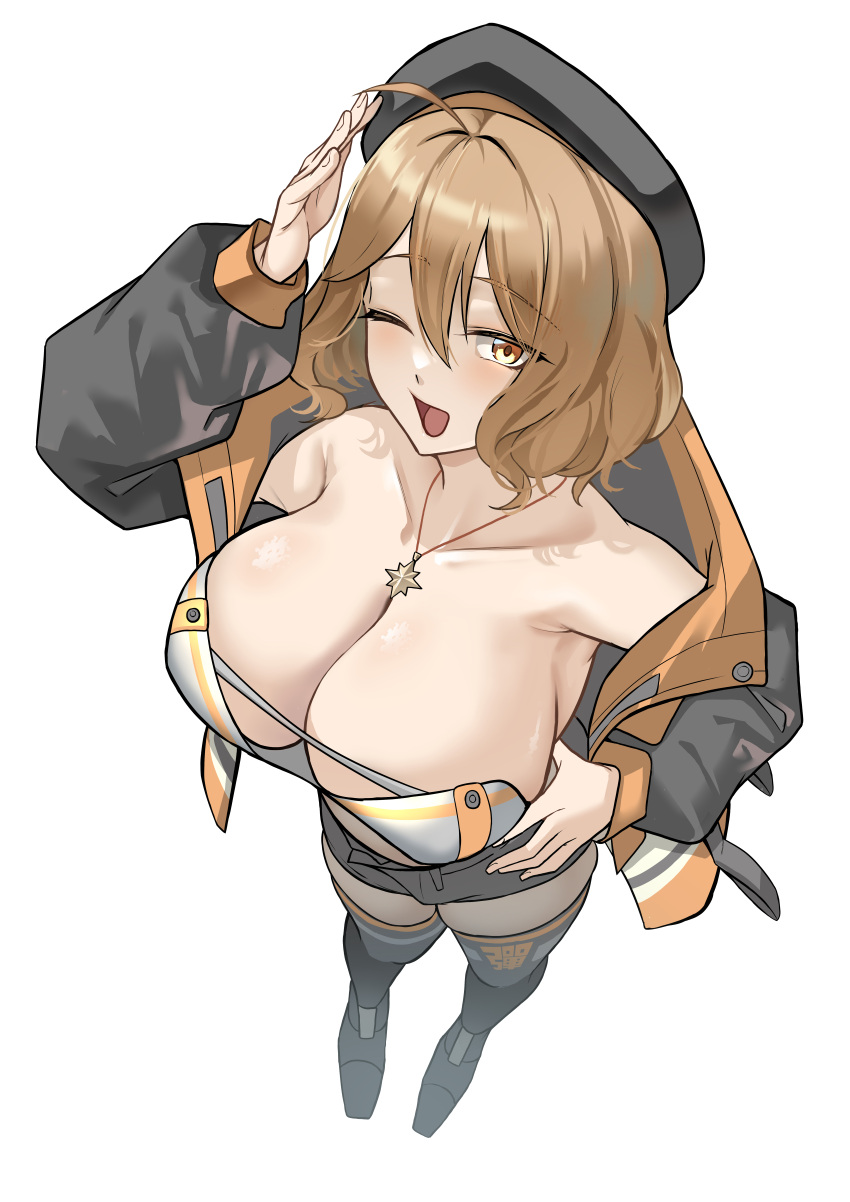 1girl absurdres ahoge anis_(nikke) black_hat black_jacket black_thighhighs blush breasts brown_eyes brown_hair cleavage goddess_of_victory:_nikke hat highres jacket large_breasts long_sleeves looking_at_viewer off_shoulder one_eye_closed open_mouth shiki_(love-saber) short_hair smile solo thighhighs yellow_jacket
