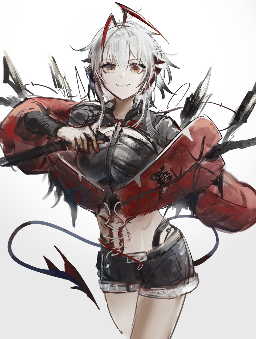 1girl absurdres aiv arknights black_shorts commentary crop_top demon_girl demon_horns demon_tail grey_hair highres horns jacket looking_at_viewer midriff short_hair short_shorts shorts simple_background smile solo tail w_(arknights) white_background wis'adel_(arknights)