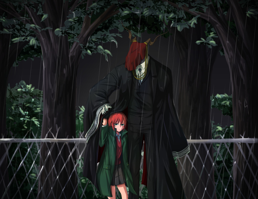 1boy 1girl black_coat black_jacket black_pants bolo_tie chain-link_fence coat curled_horns delfuze elias_ainsworth fence gloves green_coat grey_skirt hatori_chise highres horns jacket long_sleeves mahou_tsukai_no_yome miniskirt open_clothes open_coat outdoors pants rain red_vest shirt skirt standing tree veil vest white_gloves white_shirt wide_sleeves