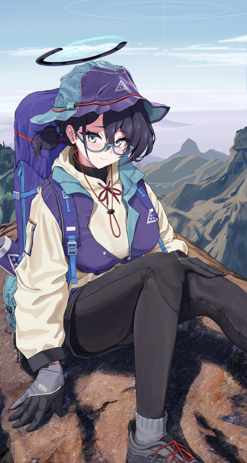 1girl absurdres backpack bag black_gloves black_hair black_leggings black_shorts blue_archive blue_bag blue_coat blue_halo bocchi_(kuropom7) chihiro_(blue_archive) chihiro_(camp)_(blue_archive) cloud coat commentary_request day glasses gloves grey_eyes grey_socks hair_between_eyes halo hat highres hiking_backpack leggings looking_at_viewer mechanical_halo mountain multicolored_coat outdoors revision rock short_hair shorts sitting sky smile socks solo two-tone_coat white_coat