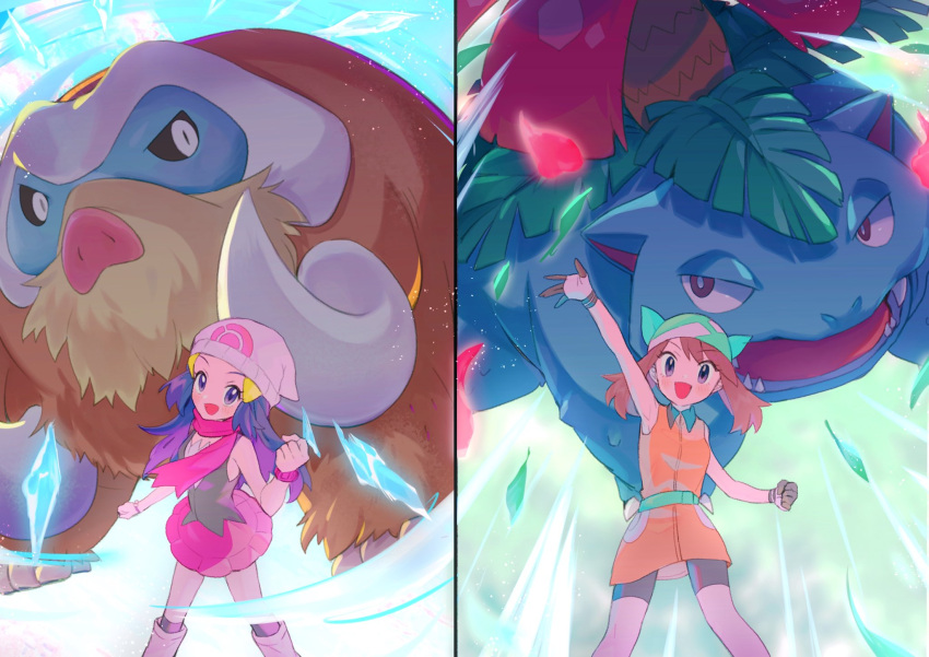 2girls :d abe_(kumayu) bandana beanie bike_shorts boots brown_hair clenched_hand collared_dress commentary_request dawn_(pokemon) dress gloves green_bandana hair_ornament hairclip hat highres leaf long_hair mamoswine may_(pokemon) multiple_girls open_mouth orange_dress petals pink_scarf pink_skirt pokemon pokemon_(anime) pokemon_(creature) pokemon_dppt_(anime) scarf shirt skirt sleeveless sleeveless_dress sleeveless_shirt smile venusaur