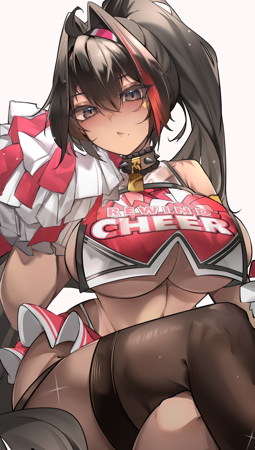 1girl absurdres ahoge bandaid bandaid_on_arm bare_shoulders bay_(nikke) black_hair black_thighhighs blush breasts cheerleader cleavage collar crop_top crossed_legs dark-skinned_female dark_skin goddess_of_victory:_nikke grey_eyes hair_between_eyes hair_intakes hairband highleg highleg_panties highres holding holding_pom_poms kive large_breasts lock long_hair looking_at_viewer mole mole_under_mouth multicolored_hair padlock padlocked_collar panties pom_pom_(cheerleading) ponytail red_hair sideboob single_thighhigh sitting skirt solo spiked_collar spikes star_(symbol) star_in_eye star_sticker sticker_on_face streaked_hair symbol_in_eye thighhighs thighs two-tone_skirt two-tone_tank_top underboob underwear very_long_hair white_panties