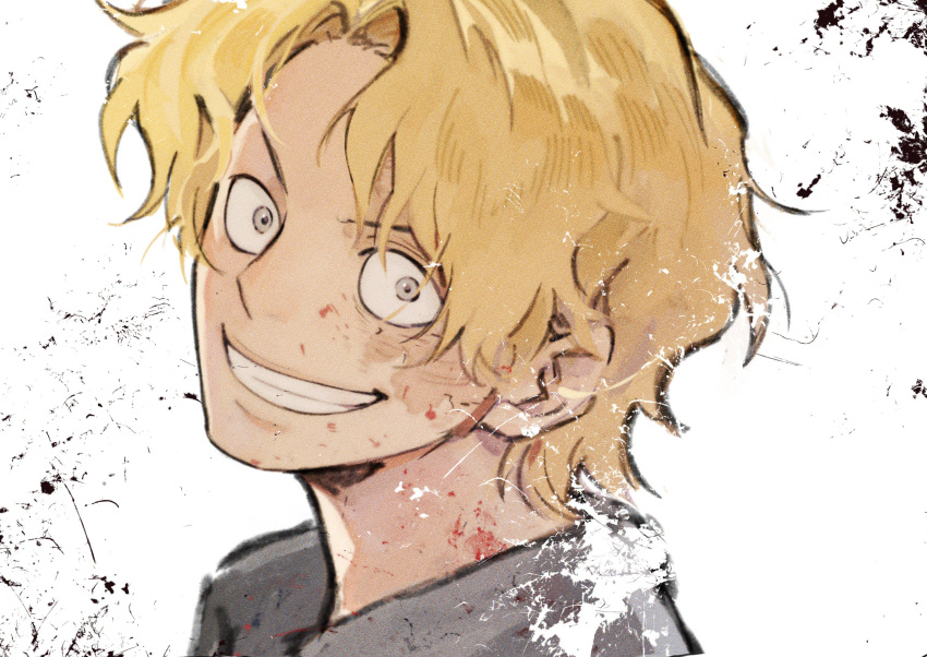 1boy blonde_hair blood blood_on_face close-up collared_shirt ezui grey_eyes grey_shirt grin highres looking_at_viewer male_focus one_piece portrait sabo_(one_piece) scar scar_on_face shirt short_hair smile solo wavy_hair