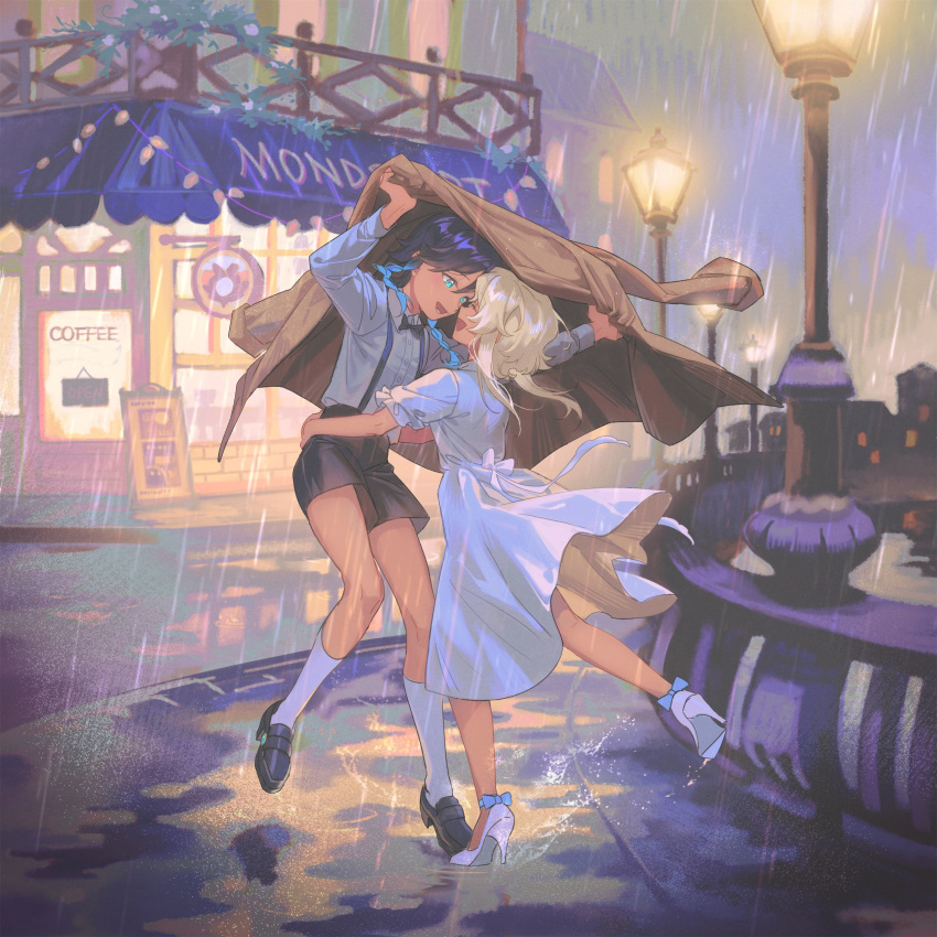 1boy 1girl absurdres alternate_costume black_bow black_bowtie blonde_hair bow bowtie braid coat couple dress fridaynightcat genshin_impact hetero high_heels highres lamppost loafers lumine_(genshin_impact) outdoors rain shirt shoes short_hair shorts socks suspenders twin_braids venti_(genshin_impact) white_dress white_shirt