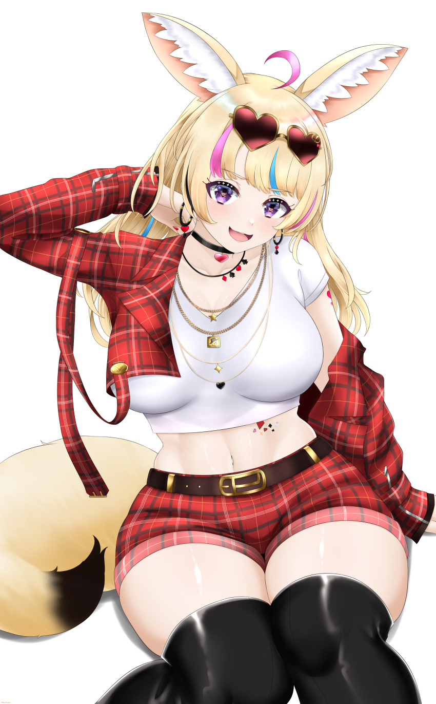 1girl absurdres ahoge animal_ears arm_tattoo belt black_thighhighs blonde_hair blunt_bangs breasts choker cropped_jacket cropped_shirt curvy eyewear_on_head fox_ears fox_girl fox_tail heart heart-shaped_eyewear heart_choker heart_tattoo highres hololive jacket large_breasts long_hair mee_don midriff multicolored_hair multiple_necklaces navel off_shoulder official_alternate_costume omaru_polka omaru_polka_(5th_costume) open_clothes open_jacket plaid plaid_jacket plaid_shorts red_jacket red_shorts shirt shorts simple_background sitting solo stomach_tattoo streaked_hair sunglasses tail tattoo thick_thighs thighhighs thighs virtual_youtuber white_background white_shirt