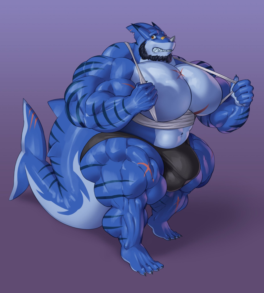 4_toes anthro auno beard biceps big_bulge big_muscles biped black_clothing black_hair black_underwear blue_body blue_skin blue_stripes bulge claws clothed clothing facial_hair feet finger_claws fish guzreuef hair hi_res horn huge_bulge huge_muscles humanoid_hands hyper hyper_muscles male marine mostly_nude muscular muscular_anthro muscular_male navel paws pecs plantigrade red_eyes requiem_shark shark sharp_teeth solo standing striped_body striped_skin stripes tail teeth thick_tail tiger_shark toe_claws toes underwear