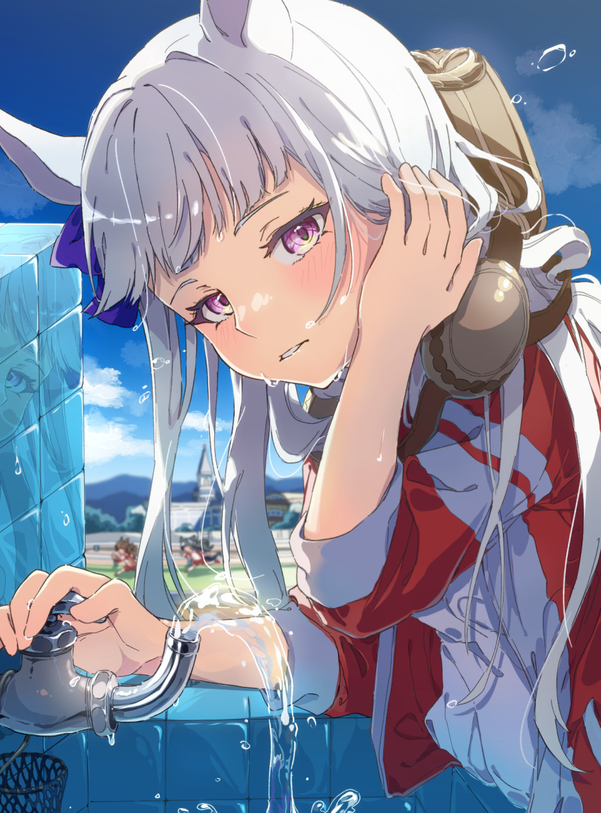 animal_ears blunt_bangs day ear_ribbon gold_ship_(umamusume) grey_hair hand_on_own_face hat highres horse_ears horse_girl horse_tail komeko97 long_hair long_sleeves looking_at_viewer multiple_girls open_mouth outdoors pillbox_hat purple_eyes tail tracen_training_uniform umamusume upper_body water wet wet_face