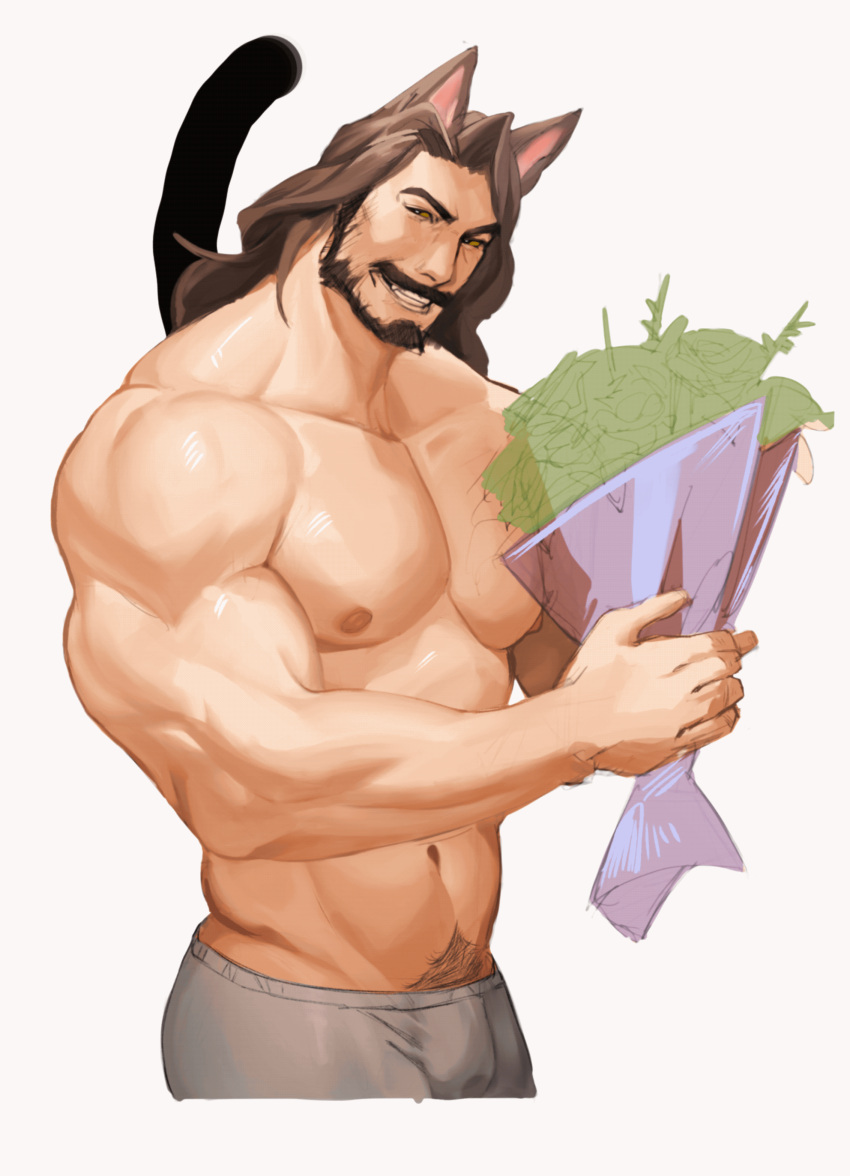 1boy abs absurdres animal_ears animated animated_gif bara beard bouquet brown_hair bulge cat_boy cat_ears cat_tail check_copyright copyright_request cowboy_shot cropped_legs facial_hair full_beard grin highres kantocryz large_pectorals looking_at_viewer male_focus mature_male muscular muscular_male navel nipples original pants pectorals smile solo standing stomach tail tail_wagging thick_eyebrows thick_mustache track_pants unfinished