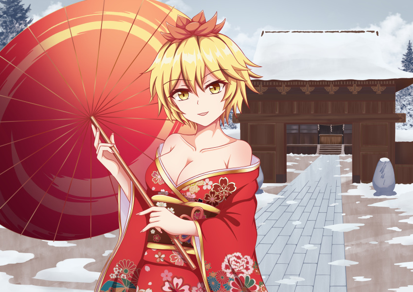 1girl absurdres alternate_costume bare_shoulders black_hair blonde_hair breasts cleavage cloud commentary_request floral_print floral_print_kimono highres holding holding_umbrella japanese_clothes kimono long_sleeves looking_at_viewer multicolored_hair obi open_mouth outdoors piaoluo_de_ying_huaban print_kimono red_kimono red_umbrella sash short_hair smile snow solo textless_version toramaru_shou touhou two-tone_hair umbrella wide_sleeves yellow_eyes