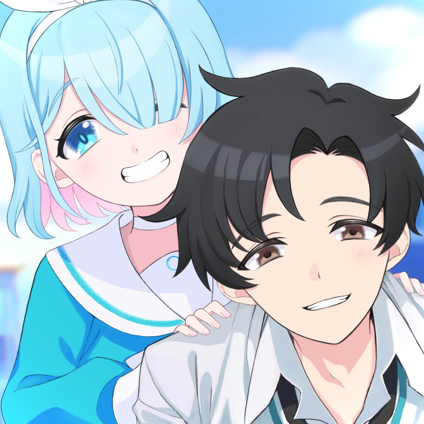 1boy 1girl arona_(blue_archive) black_hair black_necktie blue_archive blue_archive_the_animation blue_eyes blue_hair blue_pupils blue_shirt blush braid brown_eyes choker collared_shirt colored_inner_hair hair_over_one_eye hairband halo highres light_blue_hair long_sleeves looking_at_viewer multicolored_hair naano_(sakikou) neckerchief necktie open_mouth pink_hair sailor_collar school_uniform sensei_(blue_archive) sensei_(blue_archive_the_animation) shirt short_hair skirt smile teeth white_choker white_hairband white_neckerchief white_shirt white_skirt