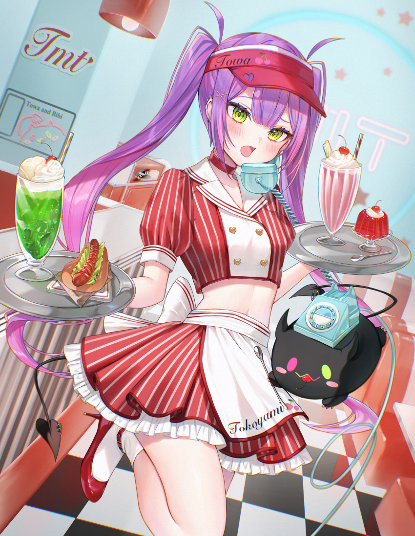 1girl absurdres alternate_costume antique_phone apron bibi_(tokoyami_towa) blush blush_stickers buttons cable character_name checkered_floor cherry choker coiled_cord collared_shirt commentary corded_phone cradling_phone creature cropped_shirt demon_tail dessert double-breasted double-parted_bangs drink drinking_straw ear_piercing earclip earrings food frilled_skirt frills fruit gelatin glass_bottle hair_ornament hairclip hat heart_button high_heels highres holding holding_tray hololive hot_dog ice ice_cream ice_cube indoors jewelry long_hair looking_at_viewer midriff miniskirt multicolored_hair open_mouth phone piercing pink_eyes puffy_short_sleeves puffy_sleeves purple_hair red_choker red_footwear red_hat rotary_phone runlan_0329 sausage shirt short_sleeves sidelocks skirt socks solo spoon standing standing_on_one_leg streaked_hair striped_clothes striped_shirt striped_skirt sundae tail tail_ornament tail_ring talking_on_phone tokoyami_towa tray twintails two-tone_hair vertical-striped_clothes vertical-striped_shirt vertical-striped_skirt very_long_hair virtual_youtuber visor_cap whipped_cream white_apron white_socks