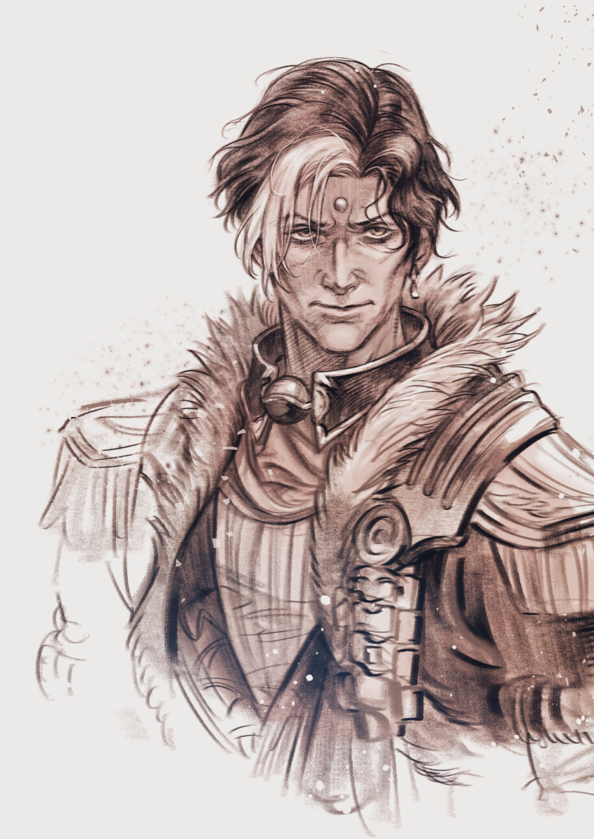 1boy 5altybitter5 blonde_hair brown_theme closed_mouth coat earrings emet-selch epaulettes final_fantasy final_fantasy_xiv garlean highres jewelry looking_at_viewer male_focus monochrome multicolored_hair short_hair sketch solo streaked_hair