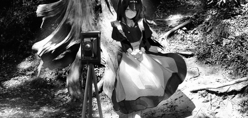 1girl antique_camera apron branch bush dappled_sunlight dress feet_out_of_frame forest grass greyscale hair_between_eyes highres juliet_sleeves legs_together long_dress long_hair long_sleeves looking_at_viewer maid misumigumi monochrome nature original outdoors own_hands_together plant puffy_sleeves sidelocks solo straight_hair sunlight tree tripod