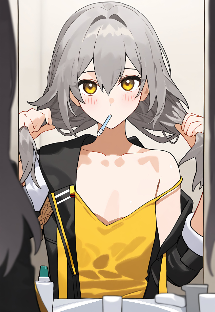 1girl absurdres ai-generated bathroom black_jacket blush breasts closed_mouth collarbone commentary_request crossed_bangs grey_hair hair_between_eyes hair_intakes hands_up highres holding holding_own_hair honkai:_star_rail honkai_(series) indoors jacket light_blush long_hair long_sleeves looking_at_mirror mirror off_shoulder open_clothes open_jacket parted_lips shirt sidelocks sink small_breasts solo standing stelle_(honkai:_star_rail) toothbrush toothbrush_in_mouth toothpaste trailblazer_(honkai:_star_rail) yellow_eyes yellow_shirt zero_(qingsongzero)