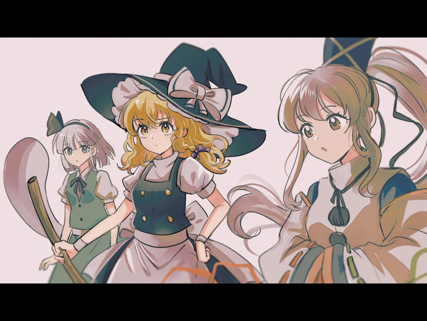 3girls black_hat black_ribbon black_skirt black_vest blonde_hair blue_hat blunt_bangs bob_cut braid breasts broom buttons detached_sleeves green_ribbon green_skirt green_vest grey_hair hair_ribbon hand_on_own_hip hat highres holding holding_broom japanese_clothes kariginu kirisame_marisa konpaku_youmu konpaku_youmu_(ghost) long_hair mononobe_no_futo multiple_girls panghulao pom_pom_(clothes) ponytail puffy_short_sleeves puffy_sleeves red_ribbon ribbon ribbon-trimmed_sleeves ribbon_trim shirt short_hair short_sleeves side_braid sidelocks skirt small_breasts tate_eboshi touhou turtleneck vest white_shirt white_wrist_cuffs witch witch_hat wrist_cuffs yellow_eyes