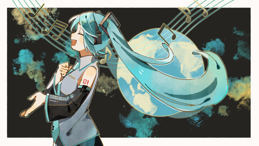 1girl bare_shoulders beamed_eighth_notes black_sleeves blue_hair blue_nails blue_necktie closed_eyes collared_shirt cowboy_shot detached_sleeves facing_ahead from_side globe grey_shirt hair_between_eyes hand_on_own_chest hatsune_miku highres long_hair long_sleeves musical_note nail_polish nanase_(nanataroo_7) necktie number_tattoo profile quarter_note shirt sidelocks sleeveless sleeveless_shirt solo staff_(music) tattoo tie_clip twintails very_long_hair vocaloid