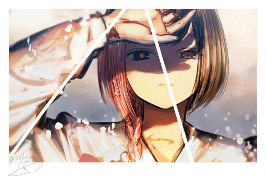 1girl abstract_background blue_eyes blurry blurry_background border braid brown_eyes brown_hair closed_mouth commentary expressionless frown grey_background hair_over_shoulder half-closed_eyes hand_up heterochromia isshiki_(ffmania7) kaf_(kamitsubaki_studio) kamitsubaki_studio long_hair long_sleeves looking_at_viewer multicolored_eyes portrait red_eyes shading_eyes shadow shirt signature single_braid split_theme symbol-only_commentary virtual_youtuber white_border white_shirt yellow_pupils