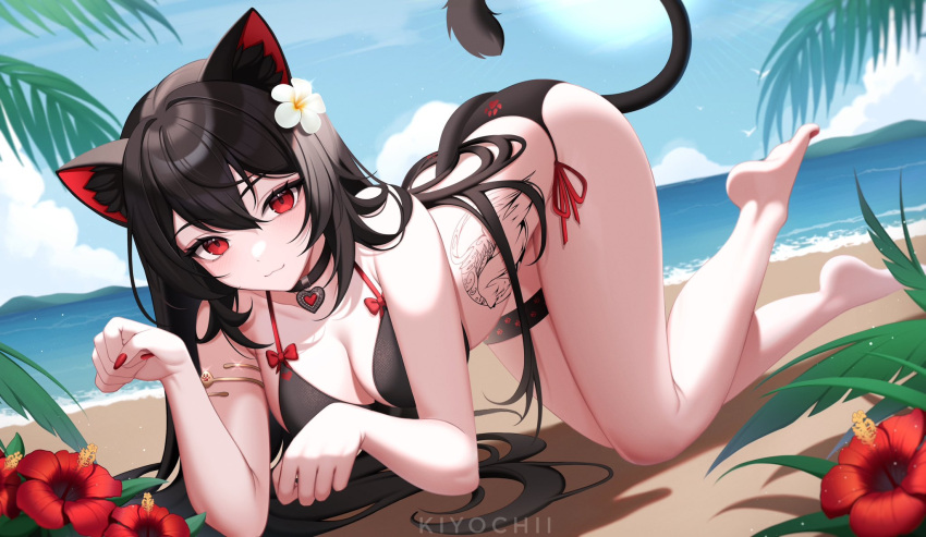 1girl :3 all_fours alternate_costume animal_ear_fluff animal_ears armlet armpit_crease bare_arms bare_legs bare_shoulders barefoot beach bikini black_bikini black_choker black_hair breasts cat_ears cat_girl cat_tail choker cleavage closed_mouth day flower hair_between_eyes halterneck heart heart_choker hibiscus highres kiyochii lanfear large_breasts long_hair looking_at_viewer nail_polish original outdoors paw_pose red_eyes red_flower red_nails side-tie_bikini_bottom smile solo stomach_tattoo string_bikini swimsuit tail tail_raised tattoo thigh_strap thighs very_long_hair vrchat