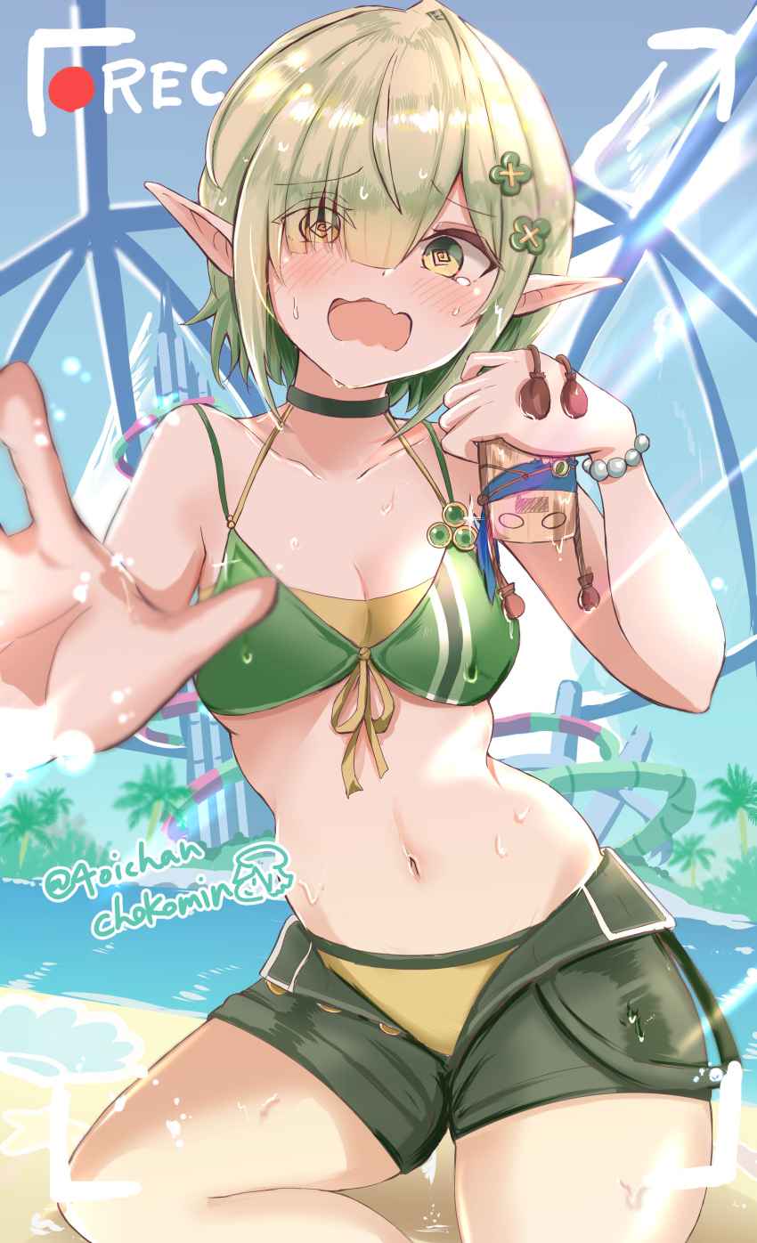 1girl absurdres aoi_(princess_connect!) artist_name bead_bracelet beads bikini bikini_under_clothes bikini_under_shorts blush bracelet breasts chokomin clover_hair_ornament collar collarbone elf embarrassed four-leaf_clover_hair_ornament front-tie_bikini_top front-tie_top green_bikini green_eyes green_hair hair_ornament hair_over_one_eye halterneck highres jewelry kneeling medium_breasts navel open_clothes open_mouth open_shorts pointy_ears princess_connect! shorts signature solo swimsuit wet yellow_bikini