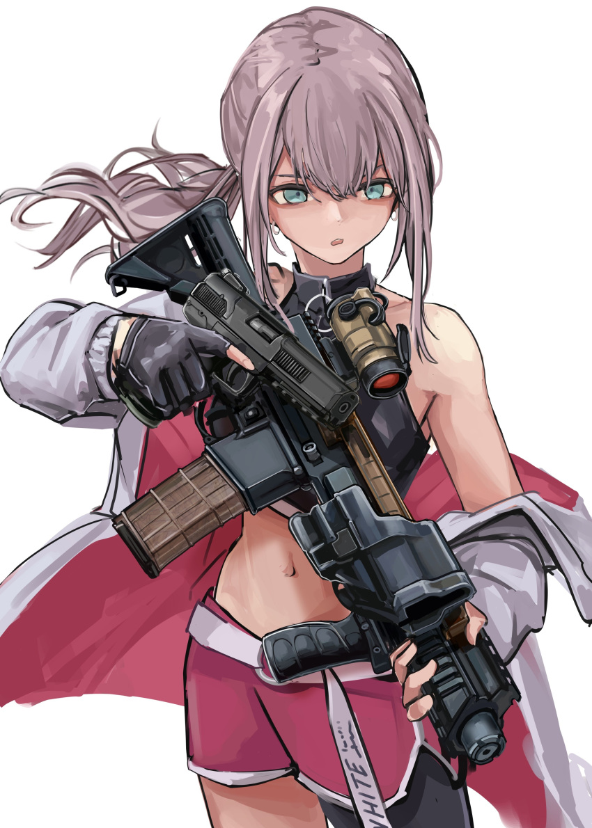 1girl absurdres aqua_eyes ar-57 ar-57_(girls'_frontline) asymmetrical_legwear black_gloves black_thighhighs c-clamp commentary commentary_request fingerless_gloves fn_five-seven girls'_frontline gloves gun handgun highres holding holding_gun holding_weapon jacket lithographica midriff navel off_shoulder open_mouth pink_hair pink_shorts ponytail shorts sidelocks simple_background single_thighhigh solo thighhighs weapon white_background white_jacket